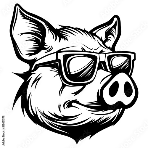 cool Pig wearing sunglass black silhouette logo svg vector, Pig icon illustration