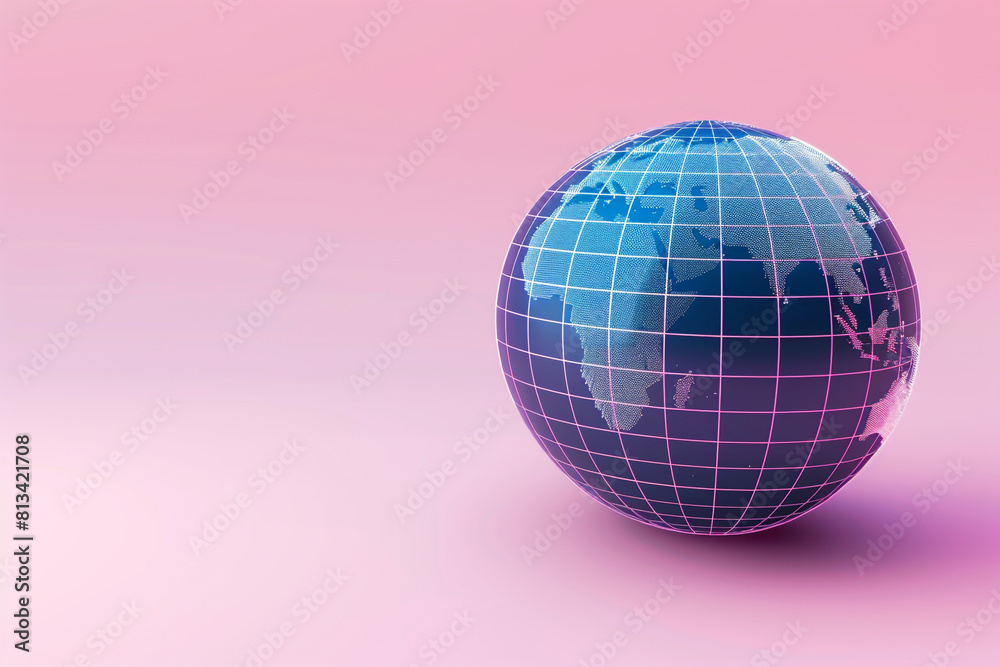 A 3D globe icon with digital grid lines, on a pastel indigo background A 3D globe icon with digital grid lines, on a pastel indigo background