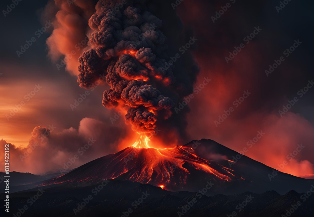 Eruption Symphony: Mesmerizing Panoramic View of Volcanic Chaos Under the Night's Blanket