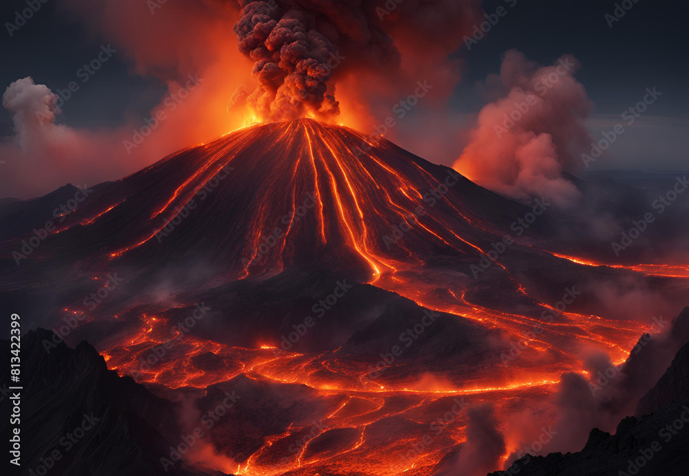  Inferno Unleashed: Stunning Panoramic View of Fiery Volcanic Eruption Illuminating the Night Sky