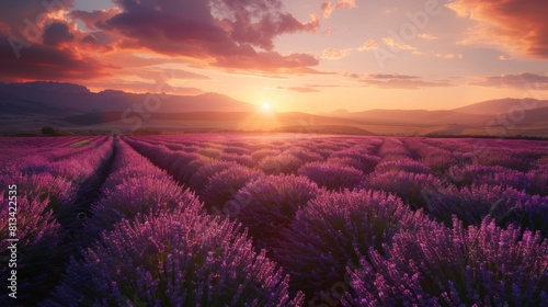 A field of vibrant lavender flowers under the setting suns warm glow. The purple flowers contrast against the orange sky  creating a stunning natural scene.