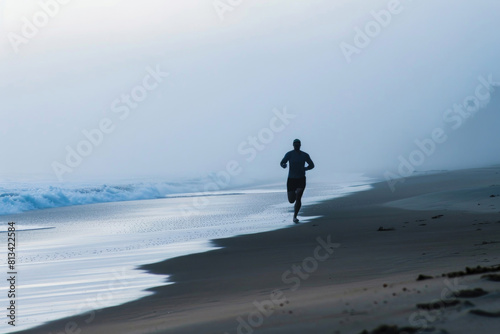 Runner on a misty beach dawn
