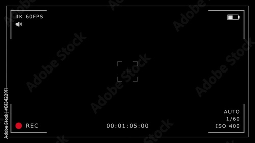 Camera recording screen overlay on black background, mirrorless cam viewfinder frame animation template, digital video recorder user interface display with setting and time data for production design