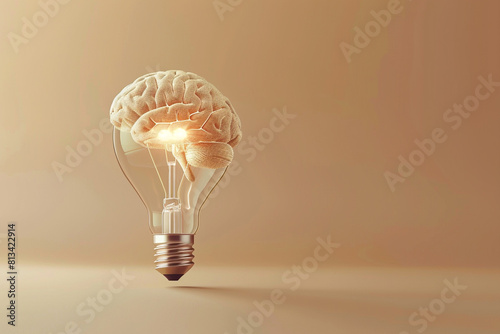 A 3D light bulb with a brain composed of light rays, floating on a pastel brown background, illustrating the concept of enlightenment 