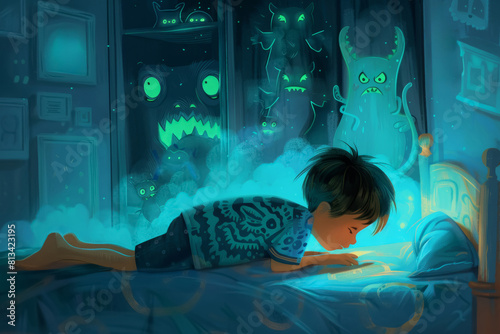 cartoon scared little boy in bed not sleep because child afraid of the dark at night