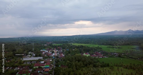 Panorama Of Tropical Countryside Village On West Coast In Bali, Indonesia. Aerial Drone Shot photo