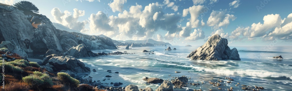 A beautiful ocean view with a rocky shoreline. The sky is cloudy, but the sun is still shining through. The water is calm, and the rocks are scattered throughout the scene A beautiful ocean view with a rocky shoreline. The sky is cloudy, but the sun is still shining through. The water is calm, and the rocks are scattered throughout the scene