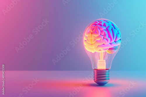 A 3D minimalist light bulb with a vibrant brain pattern, set against a calming pastel indigo background, denoting creative energy 