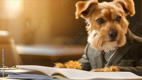 Professional Dog: A Humorous Image of a Canine in a Suit Working in an Office. Concept Humor, Dog in Suit, Professional, Office Setting, Funny Photo photo