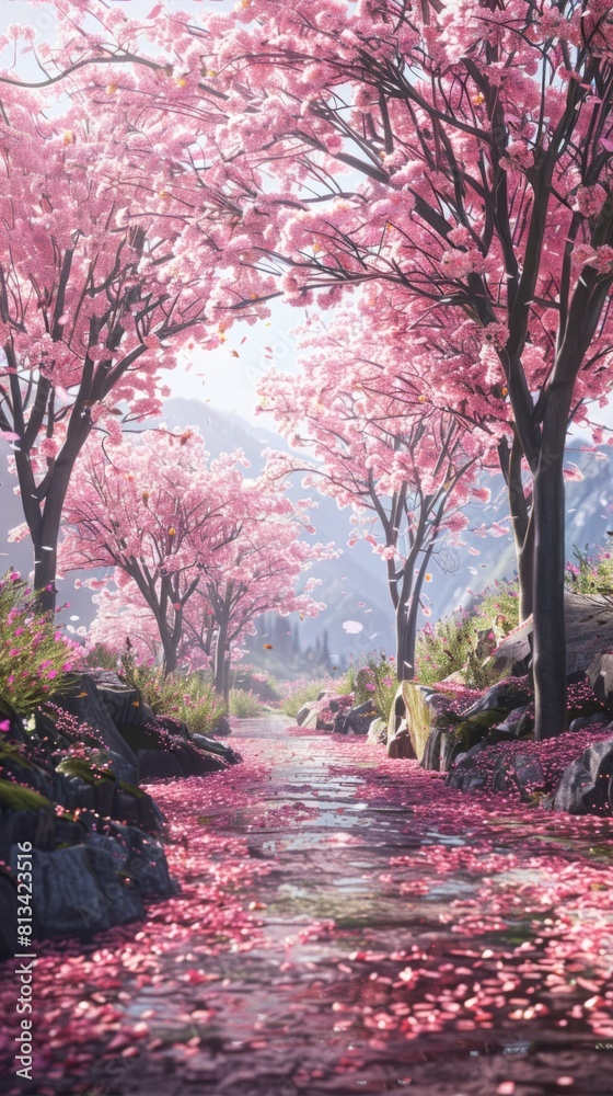 Naklejka premium A detailed painting depicting a flowing river surrounded by vibrant pink flowers in bloom. The artist has skillfully captured the serene beauty of nature in this picturesque scene.