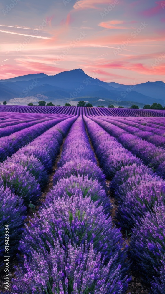 A field of lavender flowers with a beautiful sunset in the background A field of lavender flowers with a beautiful sunset in the background