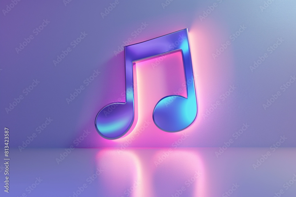 A 3D music note icon, radiating with a neon glow on a pastel violet background A 3D music note icon, radiating with a neon glow on a pastel violet background