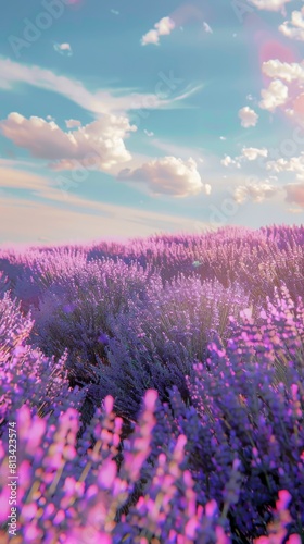 A vast expanse of purple flowers fills a field beneath a clear blue sky. The vibrant hue of the flowers contrasts with the deep blue of the sky  creating a stunning visual display of nature.