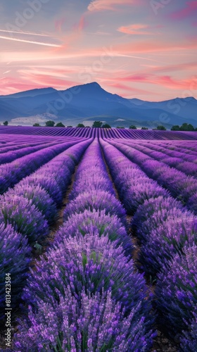 A field of lavender flowers with a beautiful sunset in the background