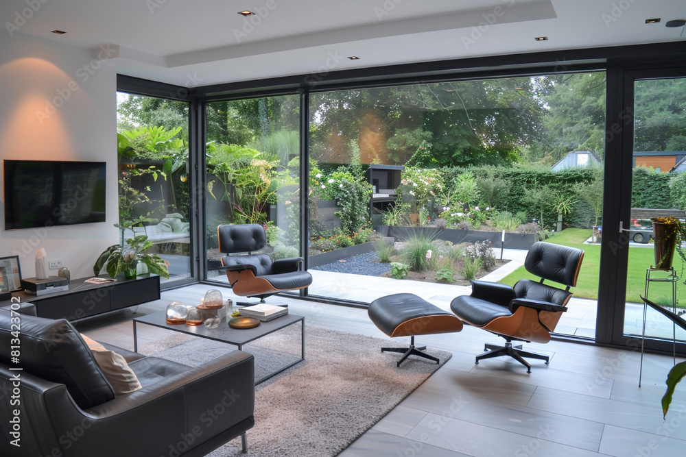 Minimalist living room with a glass wall overlooking a minimalist garden, blending indoor and outdoor spaces. Minimalist living room with a glass wall overlooking a minimalist garden, blending indoor and outdoor spaces.