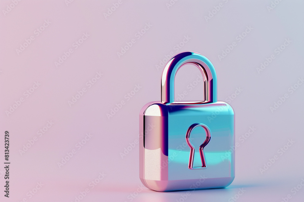 A 3D padlock icon with a metallic sheen, on a pastel silver background A 3D padlock icon with a metallic sheen, on a pastel silver background