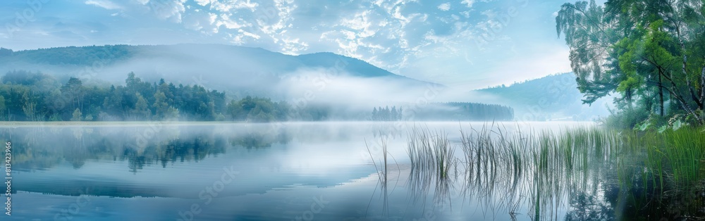 Fototapeta premium A realistic painting depicting a lake set amidst a lush forest of trees. The calm waters reflect the greenery surrounding it, creating a serene and peaceful atmosphere.