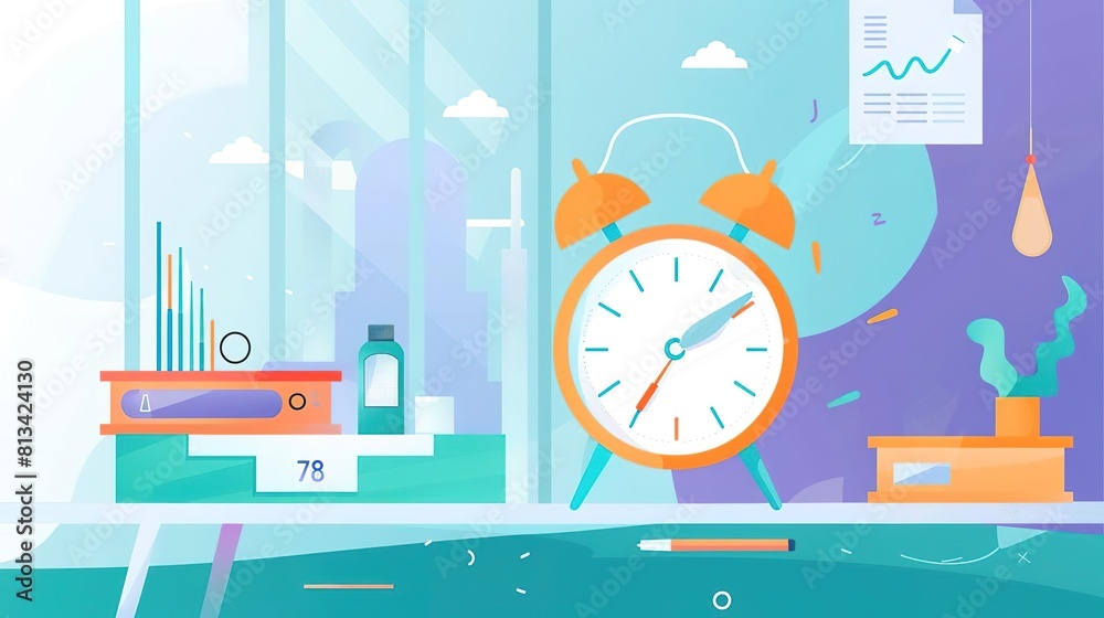 A clock sits on a desk in an office. A clock sits on a desk in an office.