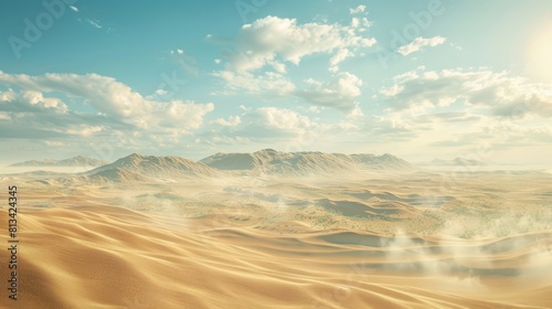 A desert landscape featuring rolling sand dunes with mountains looming in the distance under a clear sky.