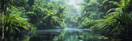 A river flows through a landscape covered with lush green trees. The water glistens under the sunlight as it winds its way through the vibrant foliage.
