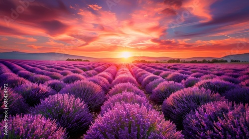 A field of lavender flowers under a setting sun  casting a warm glow over the landscape.
