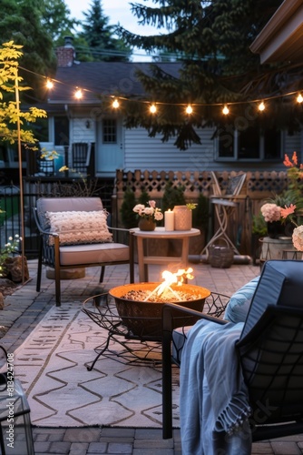 A cozy backyard patio with comfortable outdoor furniture, string lights, and a crackling fire pit, perfect for summer evenings spent, Generative AI