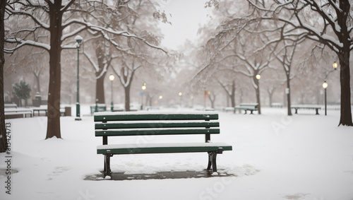 park bench sits in a snowy park.
