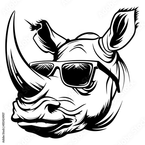 cool Rhinoceros wearing sunglass black silhouette logo svg vector, Rhinoceros icon illustration