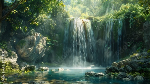 A detailed painting showcasing a majestic waterfall cascading down rocks in the midst of a lush green forest. The vibrant colors capture the movement of the water and the peaceful atmosphere of the sc