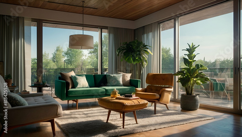 Within a modern living room, the soft glow of morning sunlight filters through sheer curtains