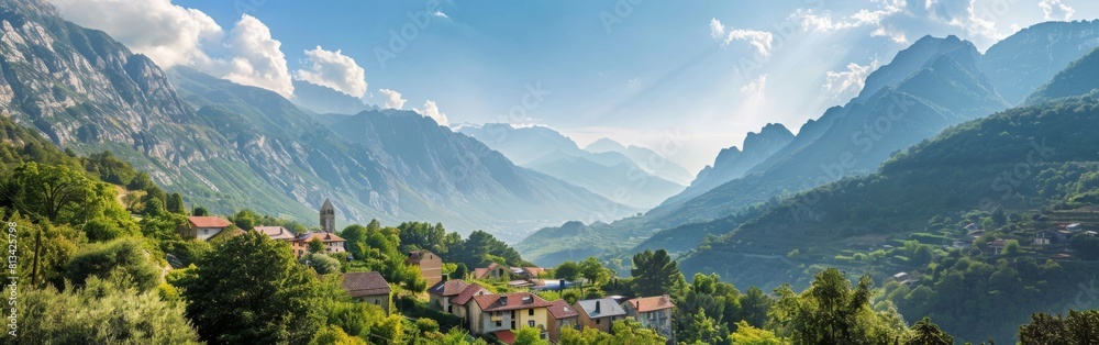 A stunning view of a village nestled in the scenic mountains, with houses, roads, and trees dotting the landscape. The mountains loom majestically in the background, creating a picturesque setting. A stunning view of a village nestled in the scenic mountains, with houses, roads, and trees dotting the landscape. The mountains loom majestically in the background, creating a picturesque setting.
