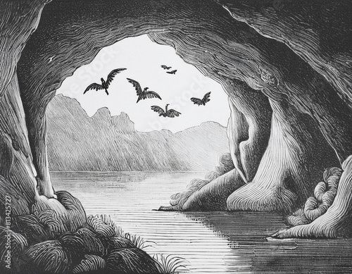 Vector underground karst cave with bats photo