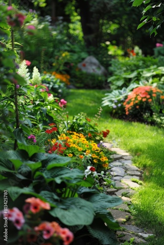 A lush green backyard garden filled with colorful flowers  winding pathways  and a tranquil water feature  providing a peaceful retreat  Generative AI