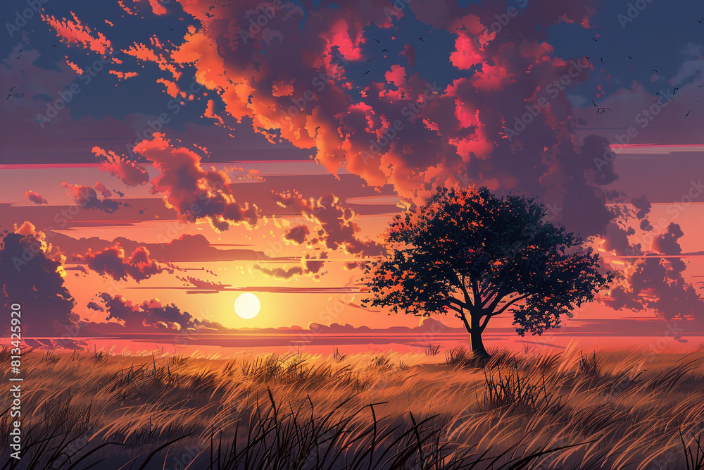 A beautiful digital painting of a lonely tree in a vast field under a setting sun