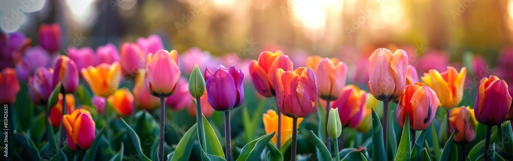 A vibrant field of tulips shines brightly under the sunlight. The flowers range from red and pink to yellow and orange, creating a stunning display of colors in nature. A vibrant field of tulips shines brightly under the sunlight. The flowers range from red and pink to yellow and orange, creating a stunning display of colors in nature.