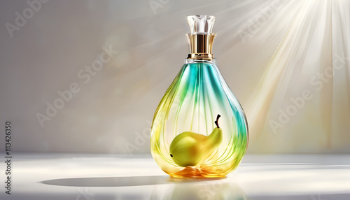 Clourful Light Perfume glass bottle and a green pear inside it, photo