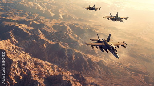 image of military aircraft flying in formation over rugged terrain, symbolizing the power and readiness of air forces to protect national interests.