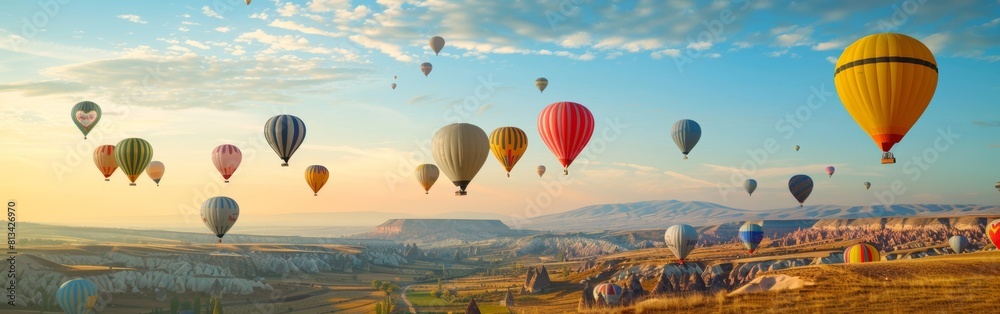 A group of colorful hot air balloons floating through the sky, with their burners firing up and passengers enjoying the breathtaking aerial view.