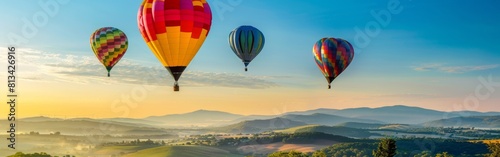 Multiple hot air balloons soar through the sky, creating a colorful and dynamic scene against the backdrop of clouds. The balloons are manned with passengers enjoying a unique aerial perspective. © vadosloginov