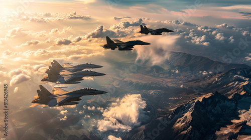 image of military aircraft flying in formation over rugged terrain, symbolizing the power and readiness of air forces to protect national interests.