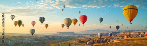 A group of colorful hot air balloons floating through the sky  with their burners firing up and passengers enjoying the breathtaking aerial view.