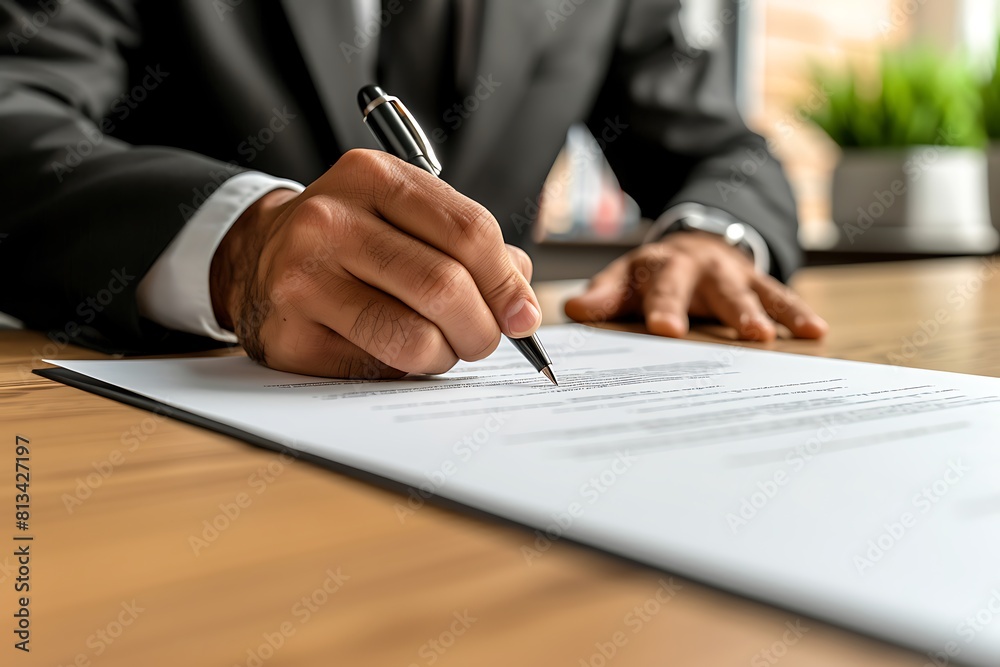 Close up a young businessman wearing a black suit, and tie, signing a white document on a white background. Close up a young businessman wearing a black suit, and tie, signing a white document on a white background.
