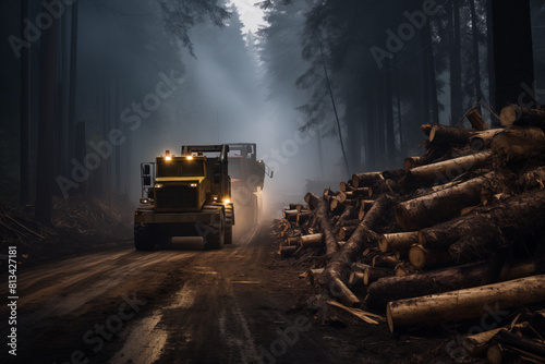 truck in the forest. Logging process in a Rainy Forest. The logging industry. Generative AI