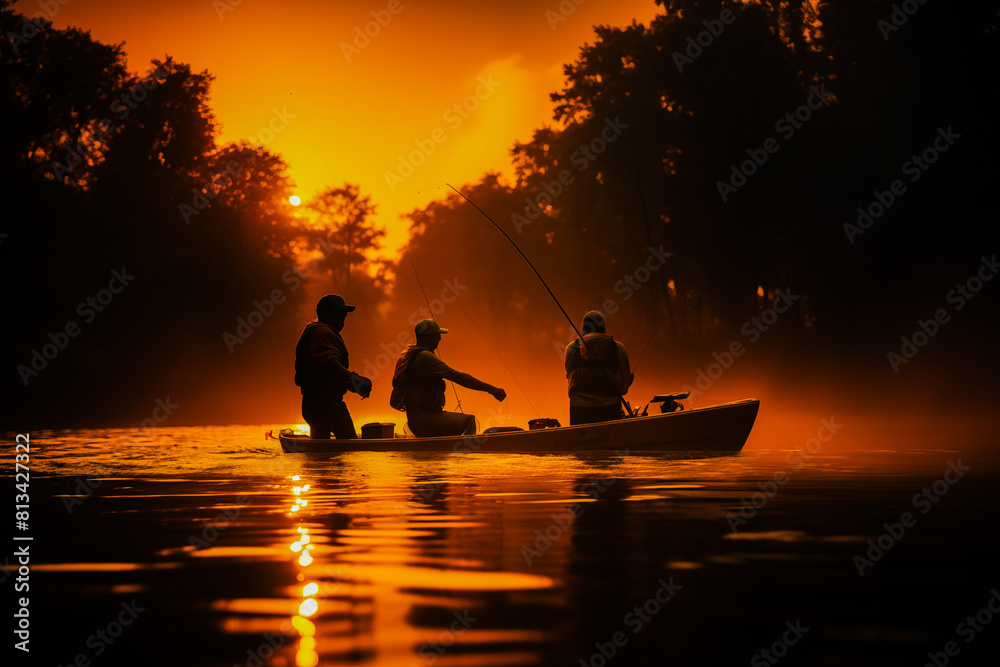 Silhouette of a people on a boat. fishing. Generative AI
