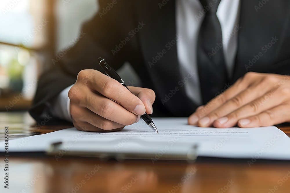 Close up a young businessman wearing a black suit, and tie, signing a white document on a white background. Close up a young businessman wearing a black suit, and tie, signing a white document on a white background.