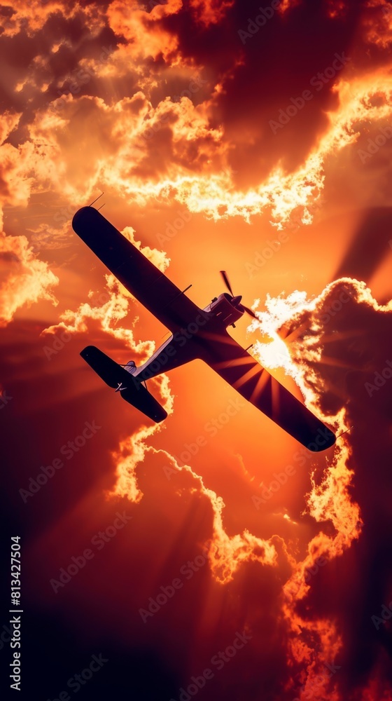 Naklejka premium A small airplane is seen flying through a sky filled with thick, gray clouds. The airplane appears to be in motion, soaring above the clouds with its engine propelling it forward.
