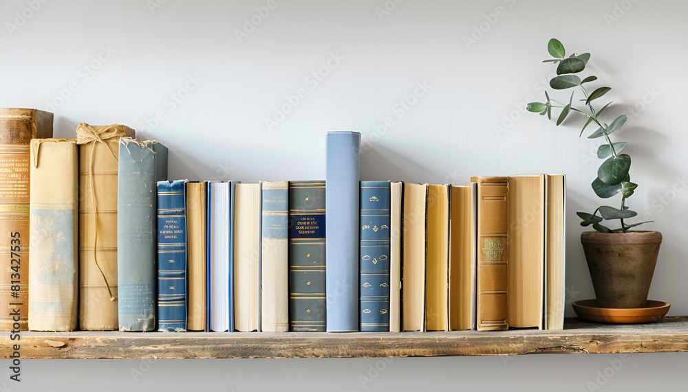 Naklejka premium Many hardcover books on wooden shelf near white wall
