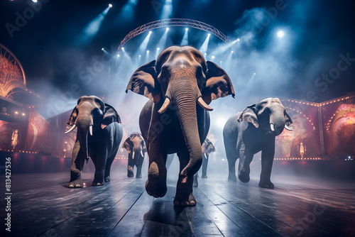 Captivating Circus Moments: Elephants in the Spotlight. Generative AI photo