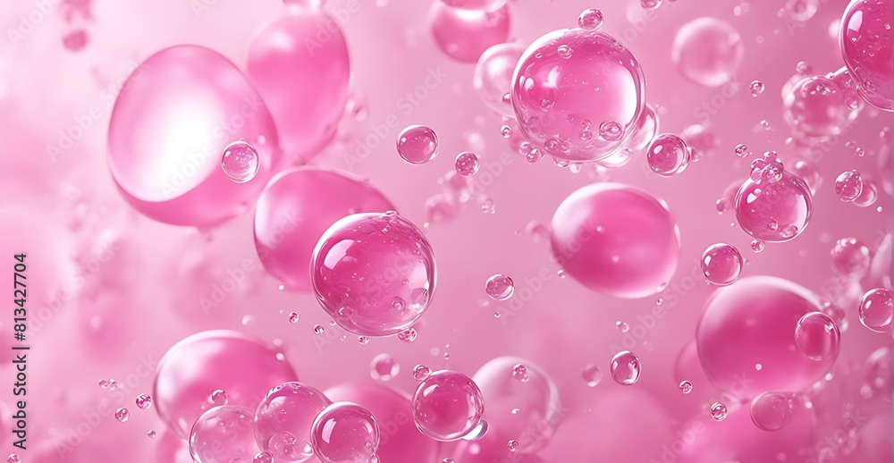  red pink abstract oil bubbles or face serum background. pink Oil and water bubbles molecule ,pink Bubbles oil or collagen serum for cosmetic product, banner poster 