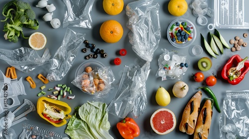 Plastic food on a gray background. Plastic recycling as an ecological concept. Waste plastic. Top view, flat lay photo